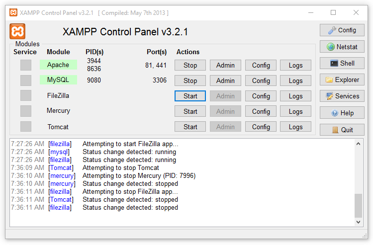 XAMPP Apache Server Control Panel for Windows