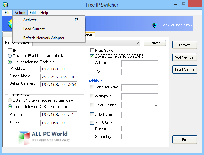Portable Free IP Switcher 2.8 User Interface