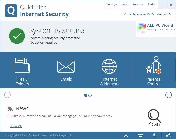 Quick Heal Internet Security 17 User Interface